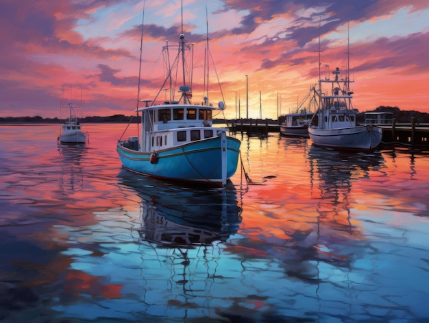 Fishing boats in colorful sunset harbor