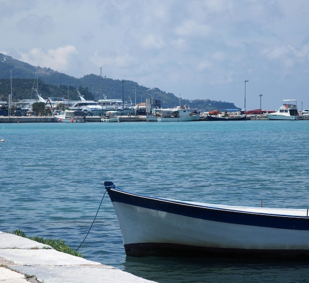 Fishing boats moored in port in Zante town Greece