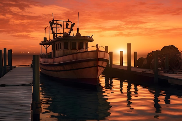 Fishing boats on the pier at sunset