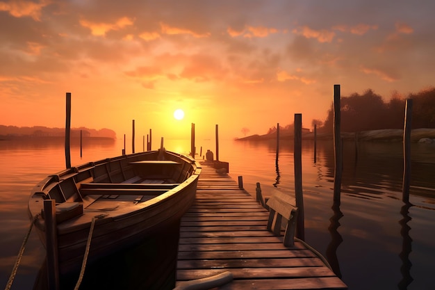 Fishing boats on the pier at sunset