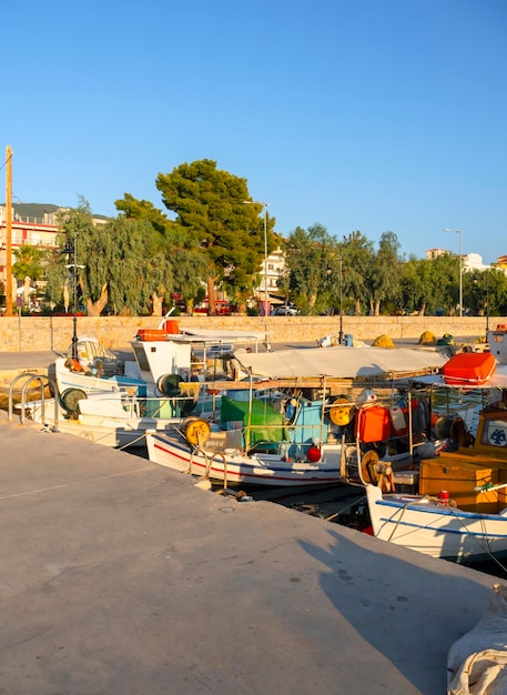 Fishing boats in the port of Loutra Edipsou on island Evia in Greece