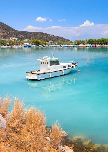 Fishing boats stand in the marina of the resort town of Methana in the Peloponnese in Greece