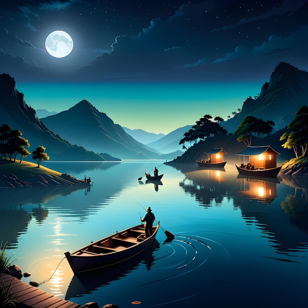 fishing on the edge of the lake at night with a full moon