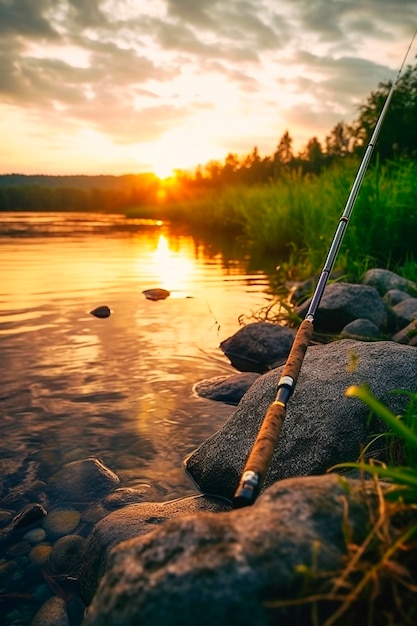 Fishing fishing rod on the background of the river Generative AI