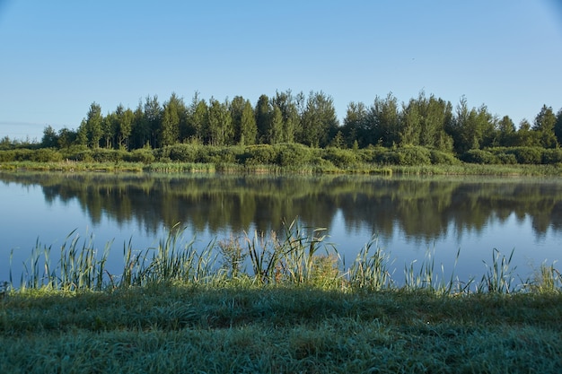 Fishing on the lake. Reflection in water. Recreation center. August 2021.