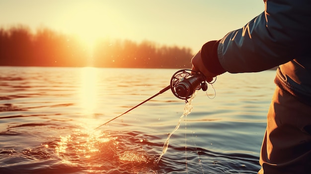 Fishing in the lakeSunset background