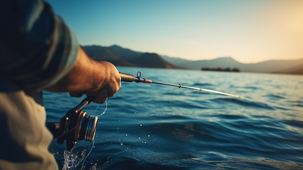 Fishing in the lakeSunset background