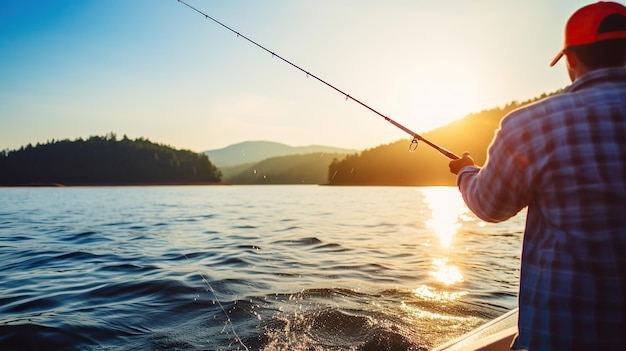 Fishing in the lakeSunset background