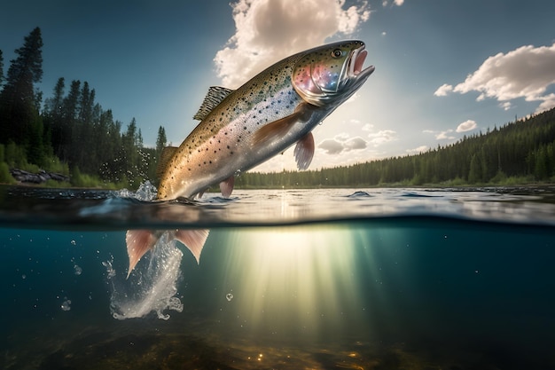 Fishing Rainbow trout fish splashing in the water of a forest lake Fish jumps out of the river clear water