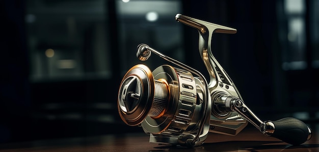 Fishing reel on the background of a dark room Banner with place for text