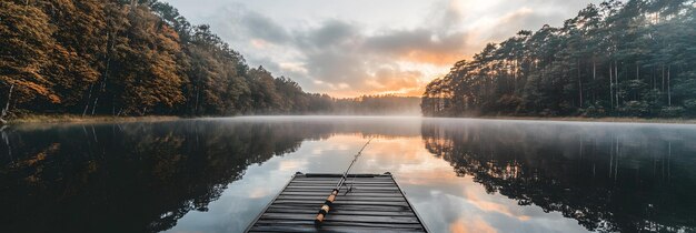 Photo fishing rod resting by a tranquil lake