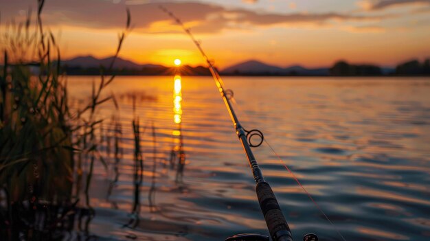 Fishing Rod at Sunset by Tranquil Lake