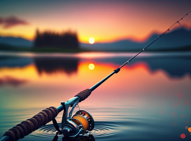 A fishing rod in the water with a sunset in the background