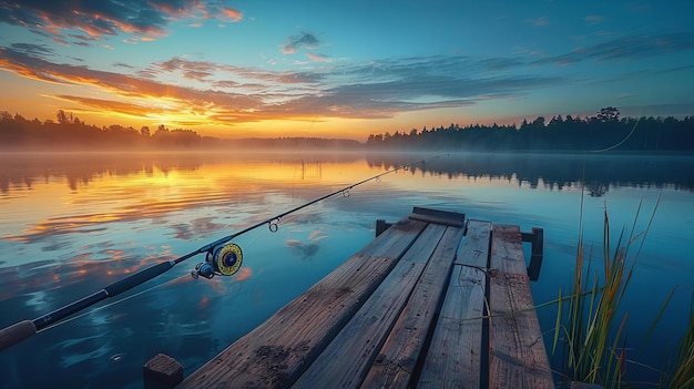 Fishing rod with reel on wooden dock near lake at dawn summer fishing background