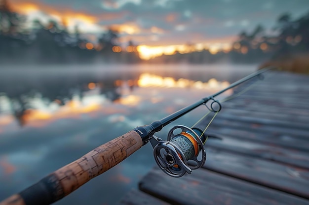 Fishing rod with reel on wooden dock near lake or river at dawn close up of fishing gear on the wat