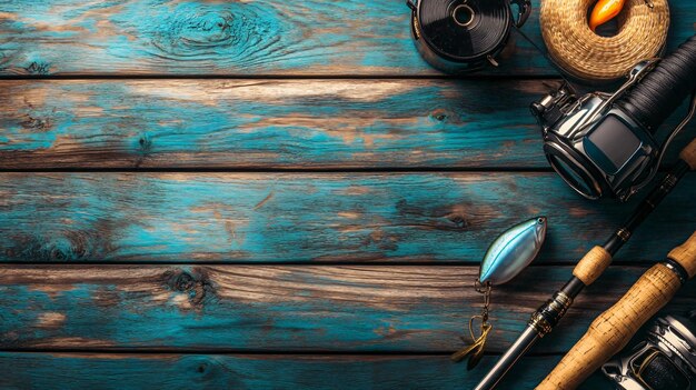 Photo fishing rod with spinning reel and baits on wooden background