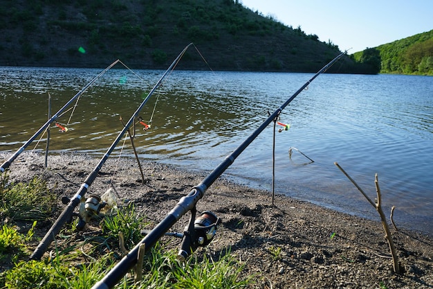 Fishing rods and fishing tackle on the river bank beautiful nature