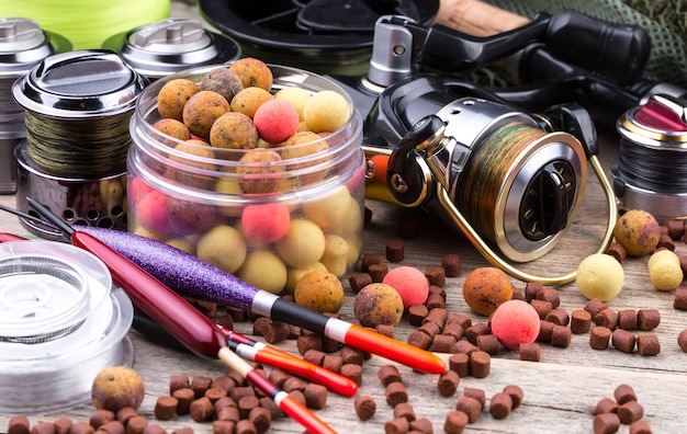 Fishing rods and spinnings on a table