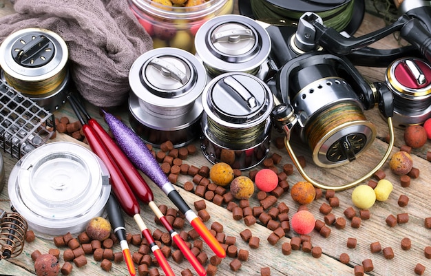 Fishing rods and spinnings on a table