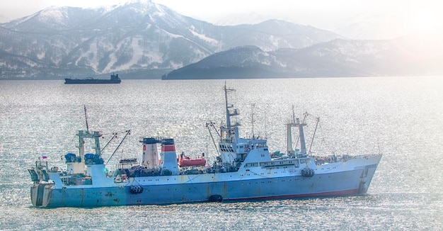 Fishing seiner on ocean near the coast of the kamchatka peninsula on soft sunlight