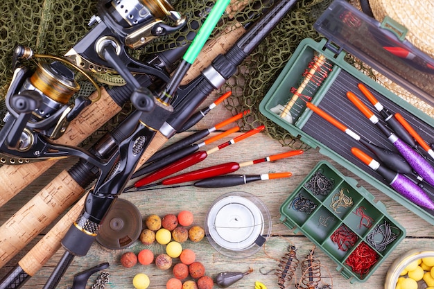 fishing tackle on a wooden table