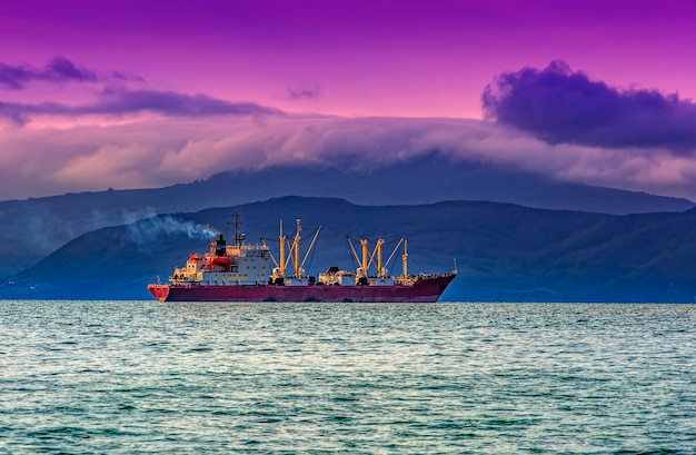 Fishing trawler in the bay on the roads in kamchatka peninsula