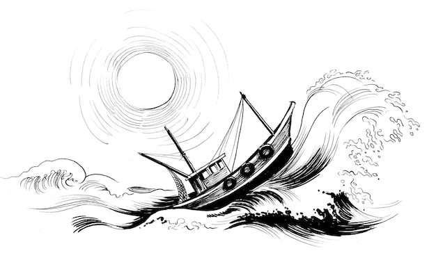 Fishing trawler in stormy sea. Ink black and white drawing