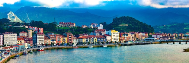 Fishing village of Asturias.Spain.Harbour with boats and houses in Ribadesella.