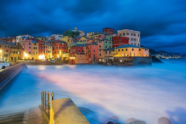 The fishing village of Boccadasse in the center of Genoa, Italy, illuminated by night