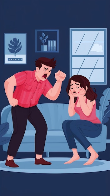 Photo fist of angry aggressive husband and crying wife afraid of domestic violence in living room