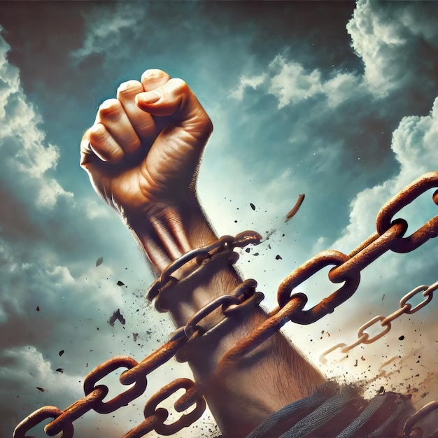 Photo fist breaking free from rusty chains against a cloudy sky symbolizing liberation rebellion