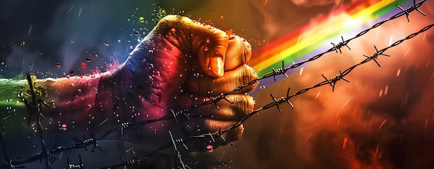 Fist breaking through barbed wire with rainbow light freedom struggle hope equality concept