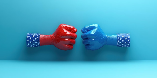 Photo fist bump between red and blue gloves against a light blue backdrop during a playful competition or