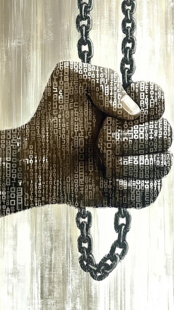 Fist holding heavy chains while covered in binary code