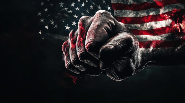 Photo fist of power with american flag and smoke dramatic light