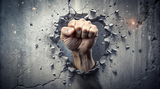 Photo a fist punching through a hole with a hand in the air