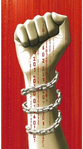 Fist showing resistance while being chained by digital code