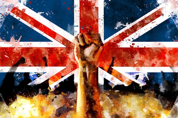 Fist up against background of England flag Protest watercolor illustration Fight for justice symbol of freedom Conflict with government riots in streets