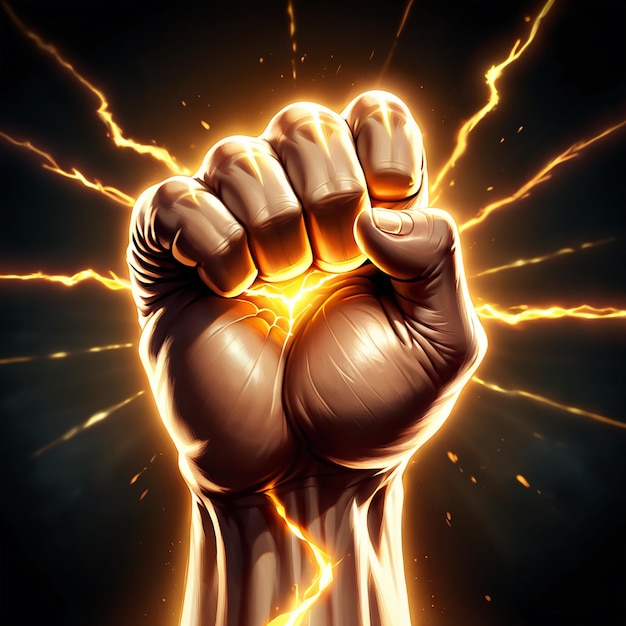 a fist with a heart on it and a hand with lightning bolts in the background