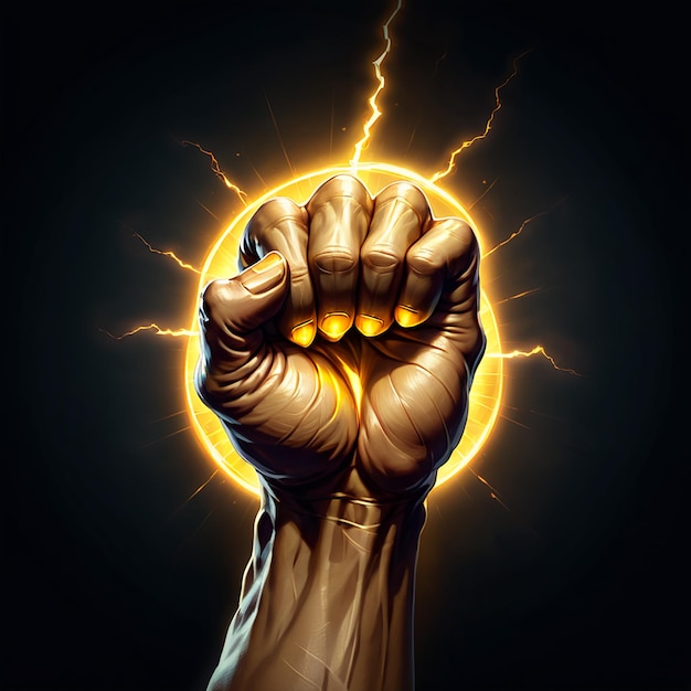 a fist with a lightning bolt in the background