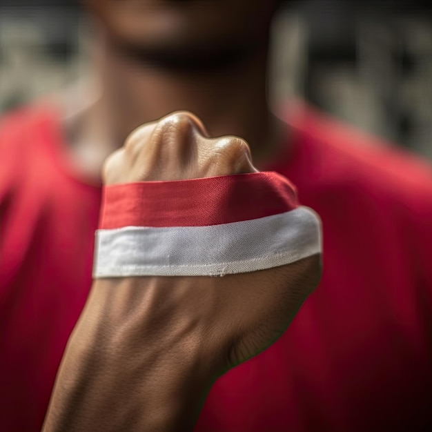 fist with red and white pride flag of indonesian independence day