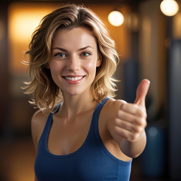 Photo fit athletic woman working out exercise thumbs up approval good rating of gym