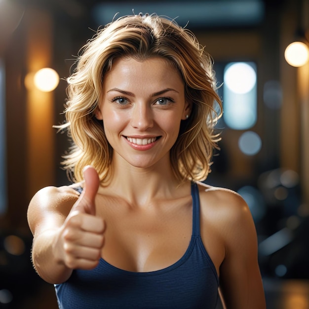 Photo fit athletic woman working out exercise thumbs up approval good rating of gym