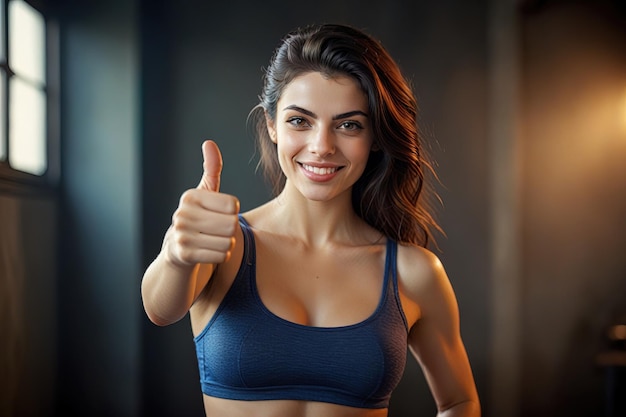 Photo fit athletic woman working out exercise thumbs up approval good rating of gym