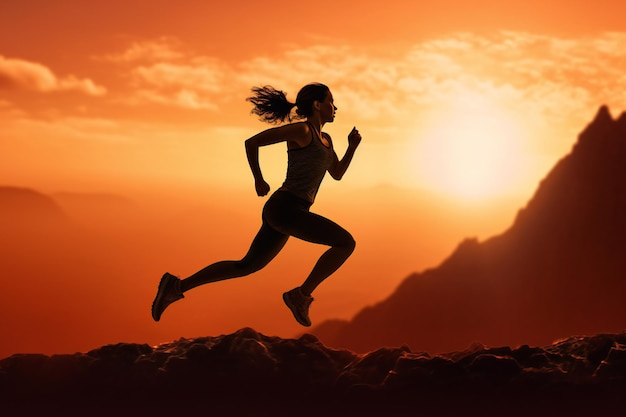 Fit brunette running and jumping against orange sunrise