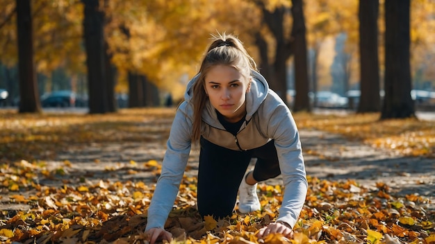 Fit Girl in Nature Autumn Workout Among the Rocks