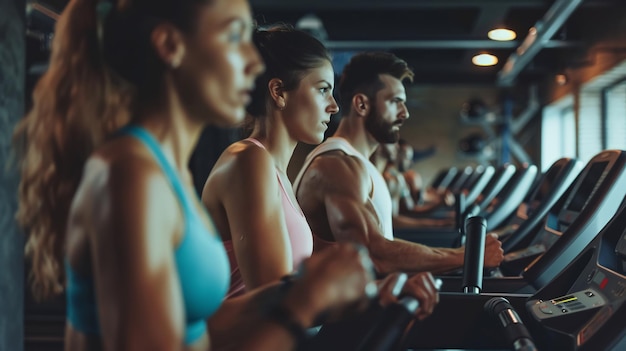 Fit group of people exercising on a treadmill in a gym