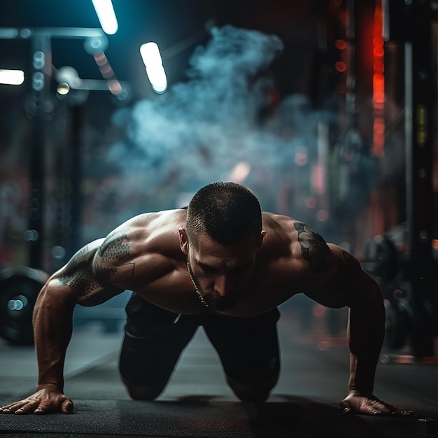 Fit Guy Doing Pushups in Atmospheric Gym