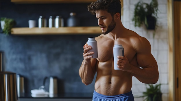 Photo fit man drinking protein shake at home space for text