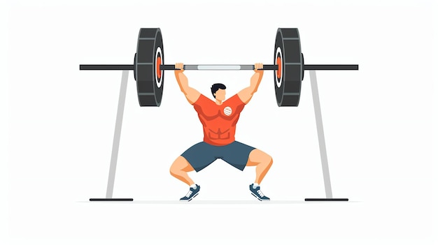 A fit man in his 20s is lifting weights He is wearing a red shirt and blue shorts The background is white